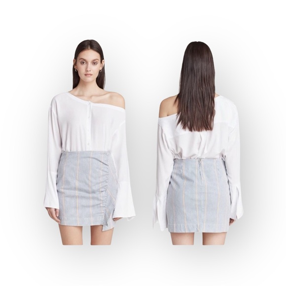 new 3x1 ᯾ Jane Ruffle Stretch Denim Mini Skirt ᯾ Blue Ticking Stripe ᯾ XS ᯾ Chic - Picture 15 of 16